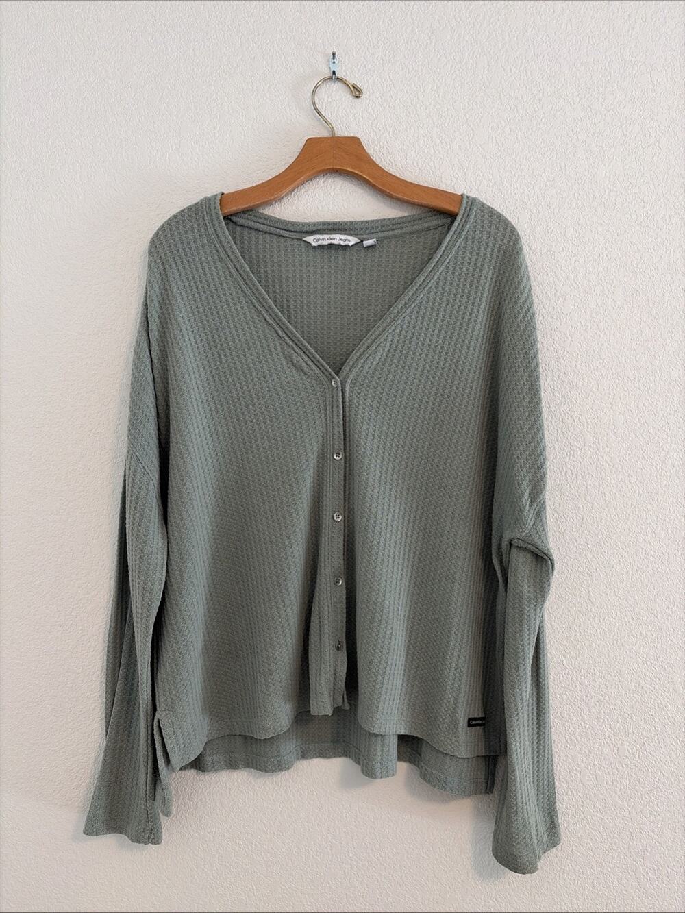 NEW Calvin Klein L Blue Green Waffle Sweater Long Sleeve Lightweight Buttons